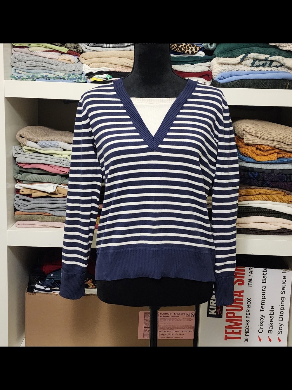 Navy and White Striped V-Neck Sweater